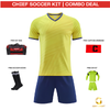 A soccer kit combo deal featuring a yellow and navy blue short-sleeve jersey, navy blue shorts, a black and red duffel bag, black socks with white stripes, a captain armband, and a free GK kit, all displayed on a white background with a red header banner reading 'CHIEF SOCCER KIT | COMBO DEAL'.
