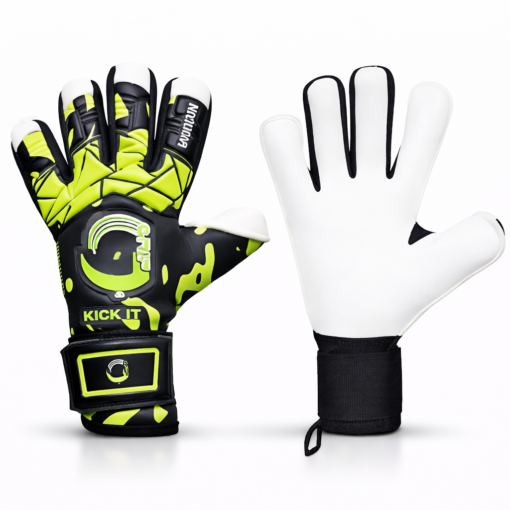 Grip Evolution goalkeeper gloves camo lime black design latex palm soccer goalie gloves