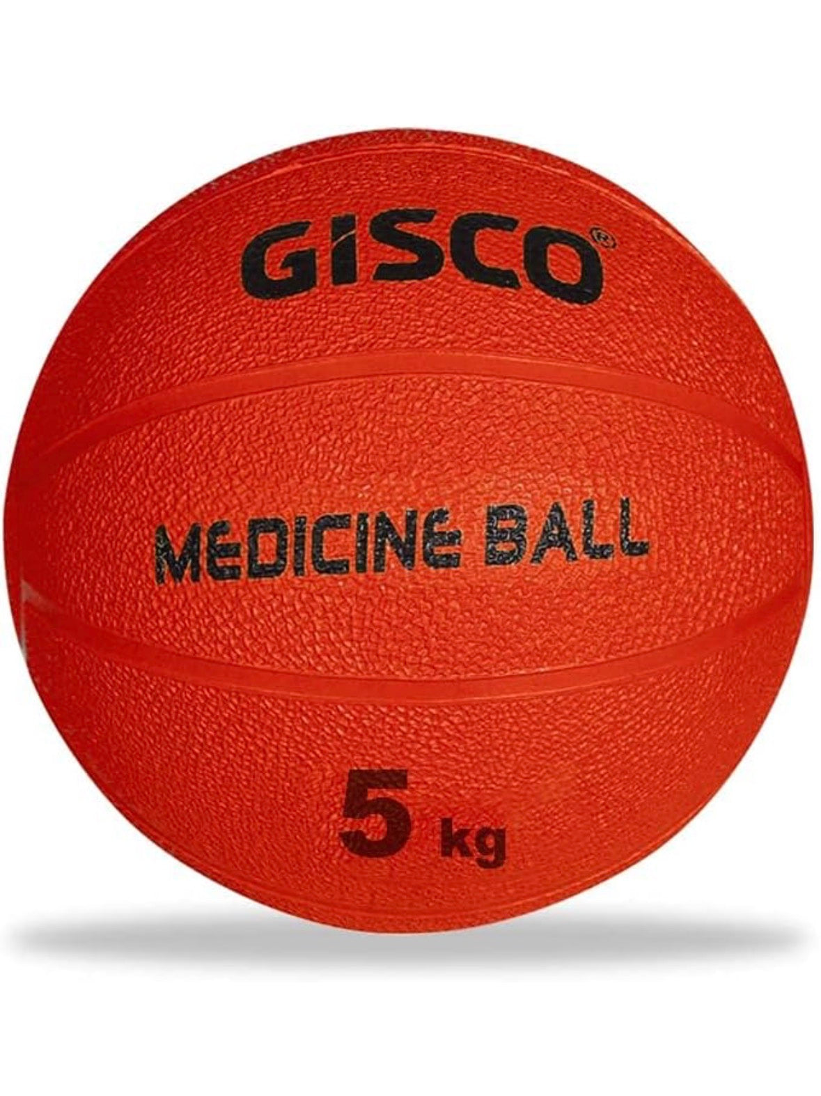 An orange-red textured medicine ball with black printed branding and text reading 'GISCO', 'MEDICINE BALL', and '5 kg' on a white background.