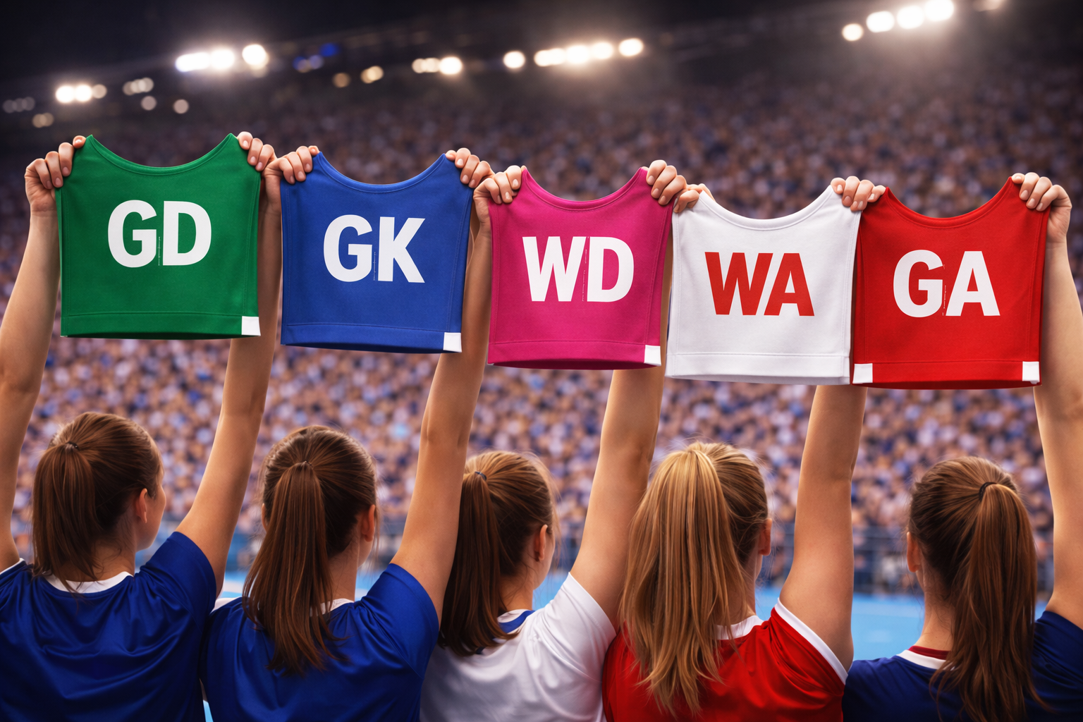 Netball players in a stadium raising colorful position bibs (GD, GK, WD, WA, GA, GS) above their heads during a live performance-style sports moment, with bright arena lights and a blurred cheering crowd in the background. 🏟️🏐