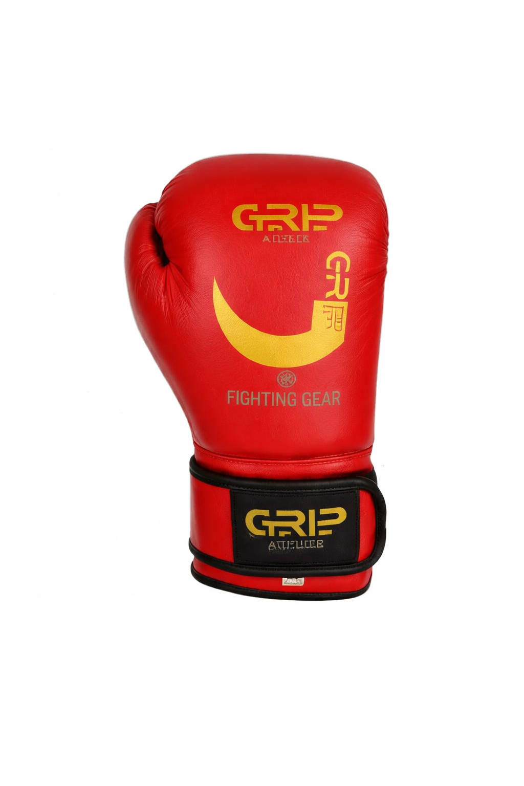 Red GRIP Fighting Gear boxing glove with gold logo and black inner padding, displayed against a clean white background.