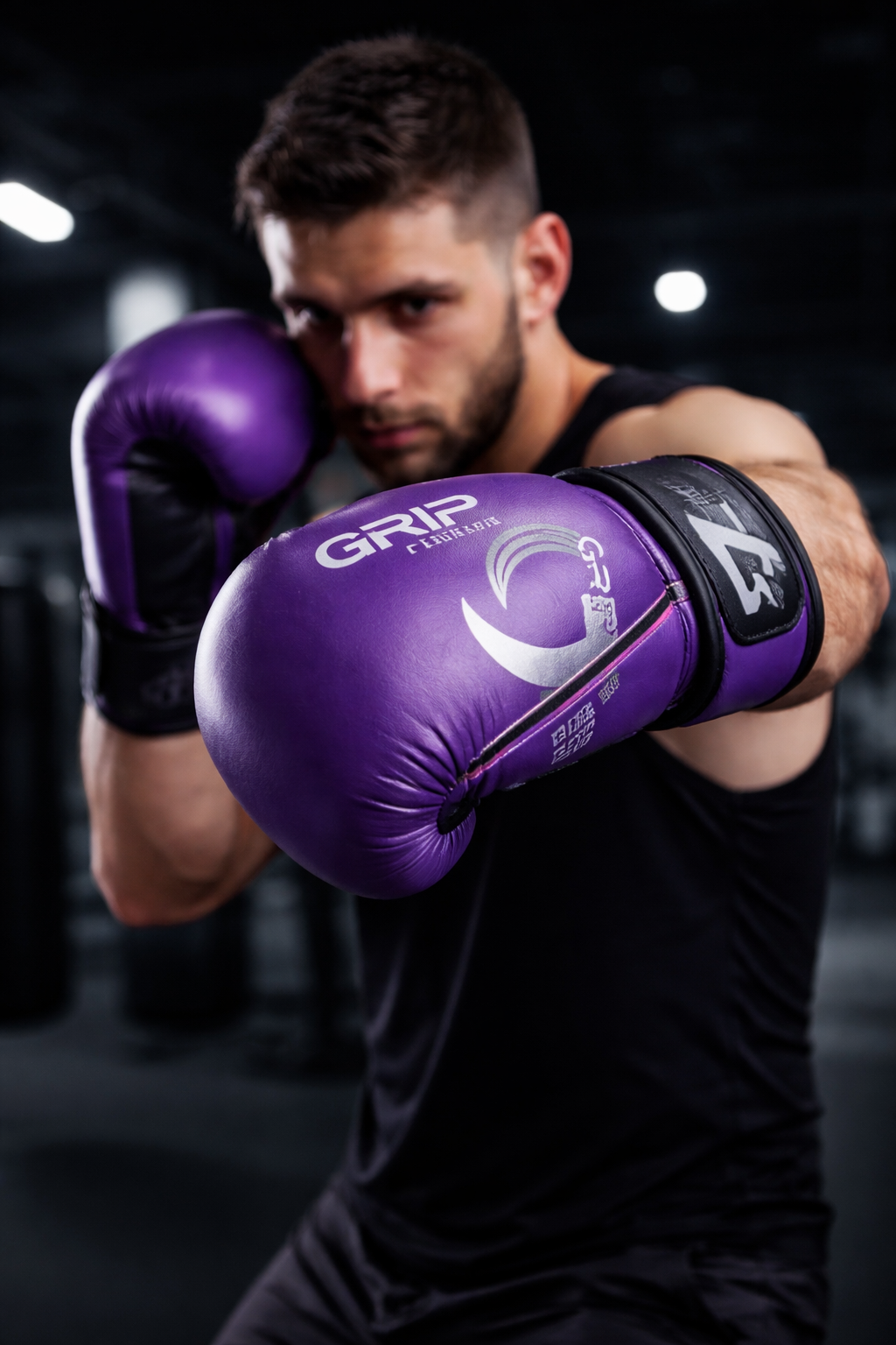 Purple GRIP Fighting Gear boxing glove with silver logo and black accents, displayed against a clean white background.