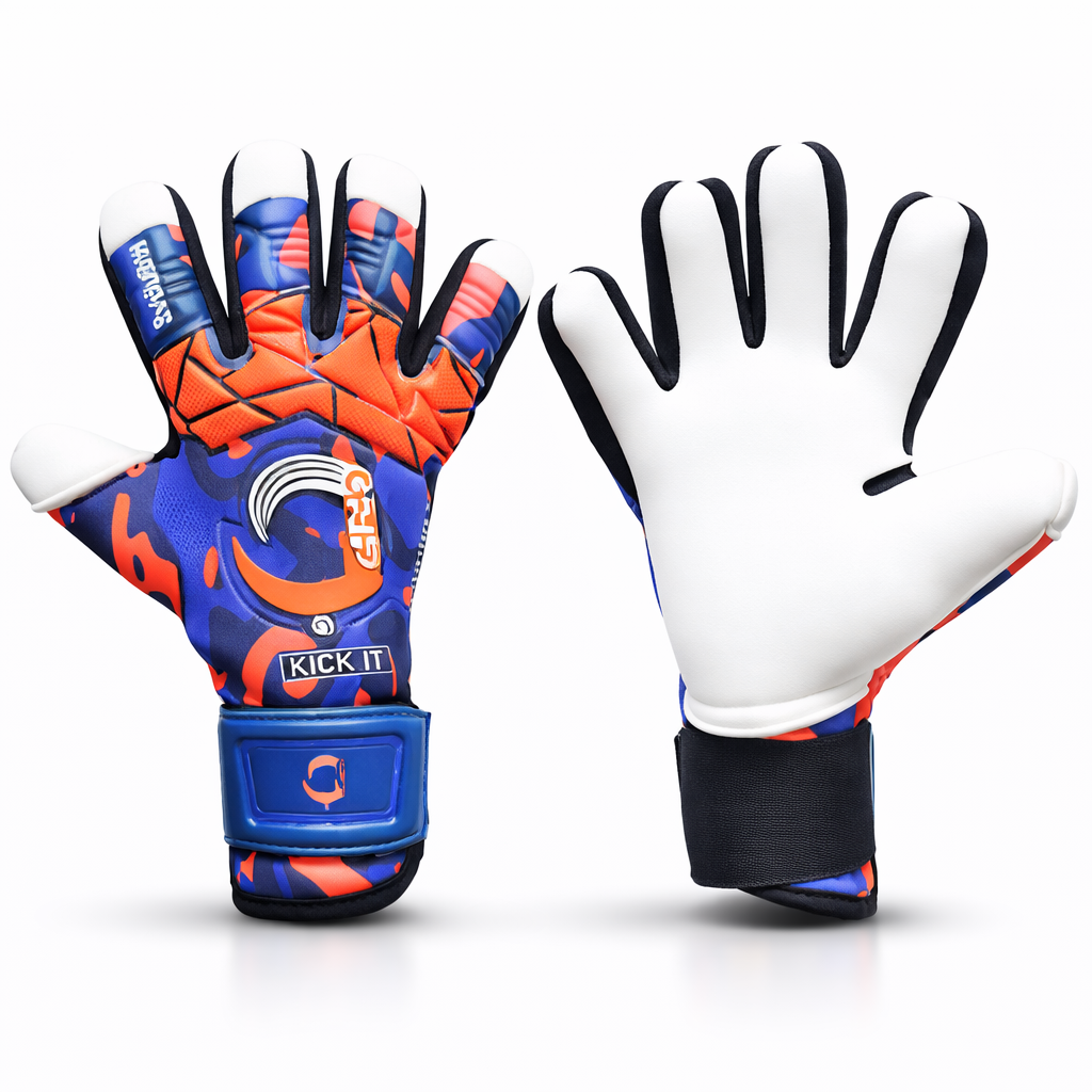 Grip Evolution goalkeeper gloves camo orange blue vibrant design latex palm soccer goalie gloves