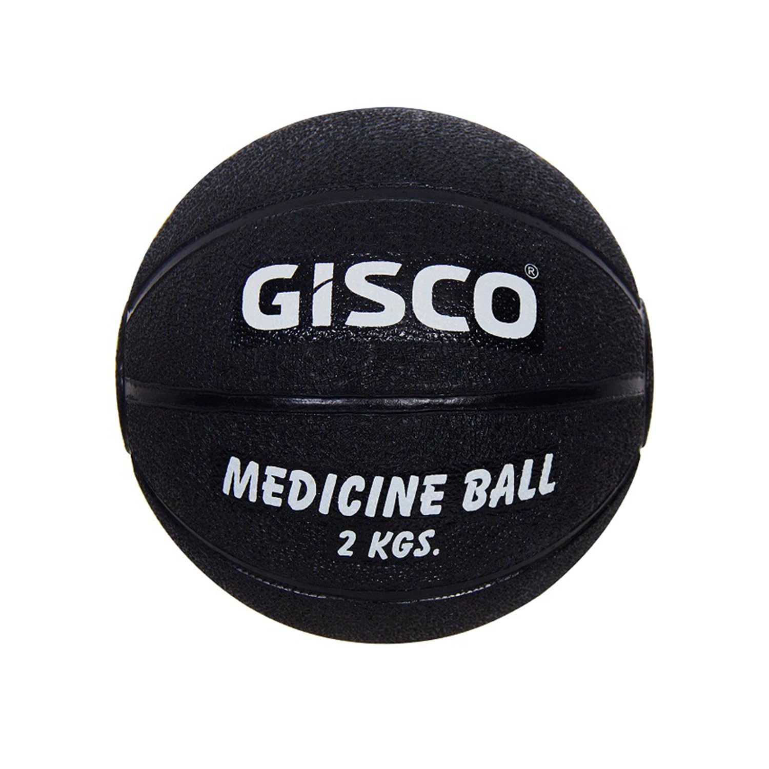 A black textured GISCO medicine ball with white printed text reading 'GISCO', 'MEDICINE BALL', and '2 KGS.' on a plain white background.