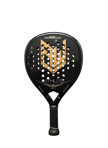 A black and gold padel racket shown from the back, featuring a large gold geometric logo on a black paddle face, with 'ATHLITE' and 'PLATINUM GOLD' branding, set against a dark gray gradient background.