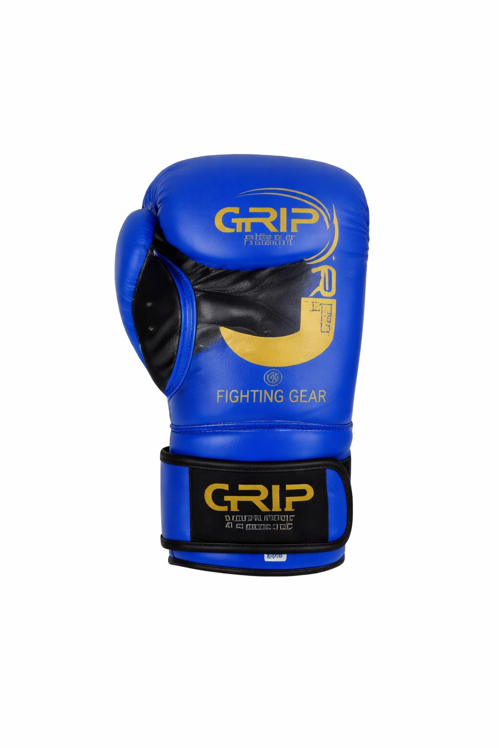 Blue GRIP Fighting Gear boxing glove with gold logo and black inner padding, displayed against a clean white background.