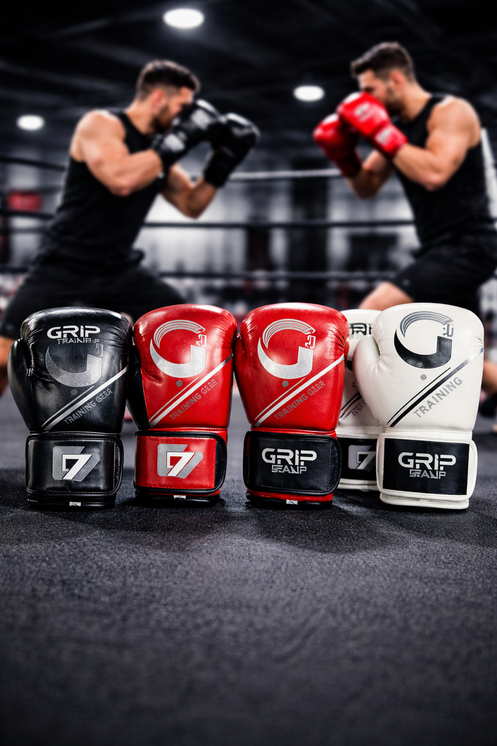Four pairs of boxing gloves in black, red, and white displayed in a gym, with two athletes sparring in the background.