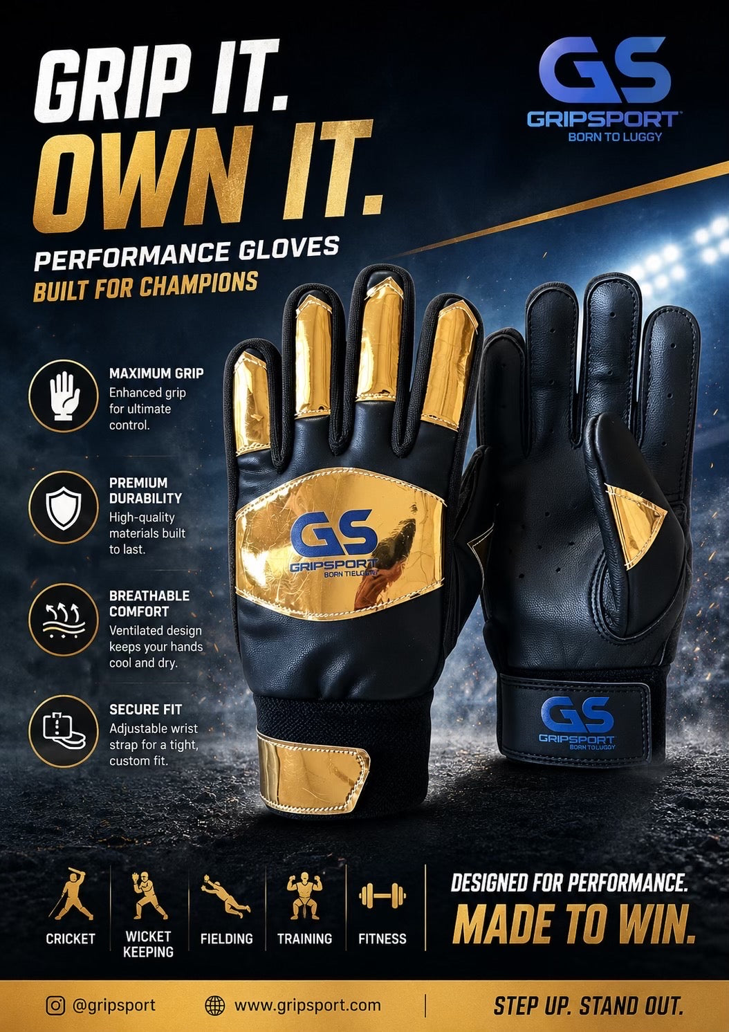 GS Indoor Cricket Shiny Gold Batting Gloves
