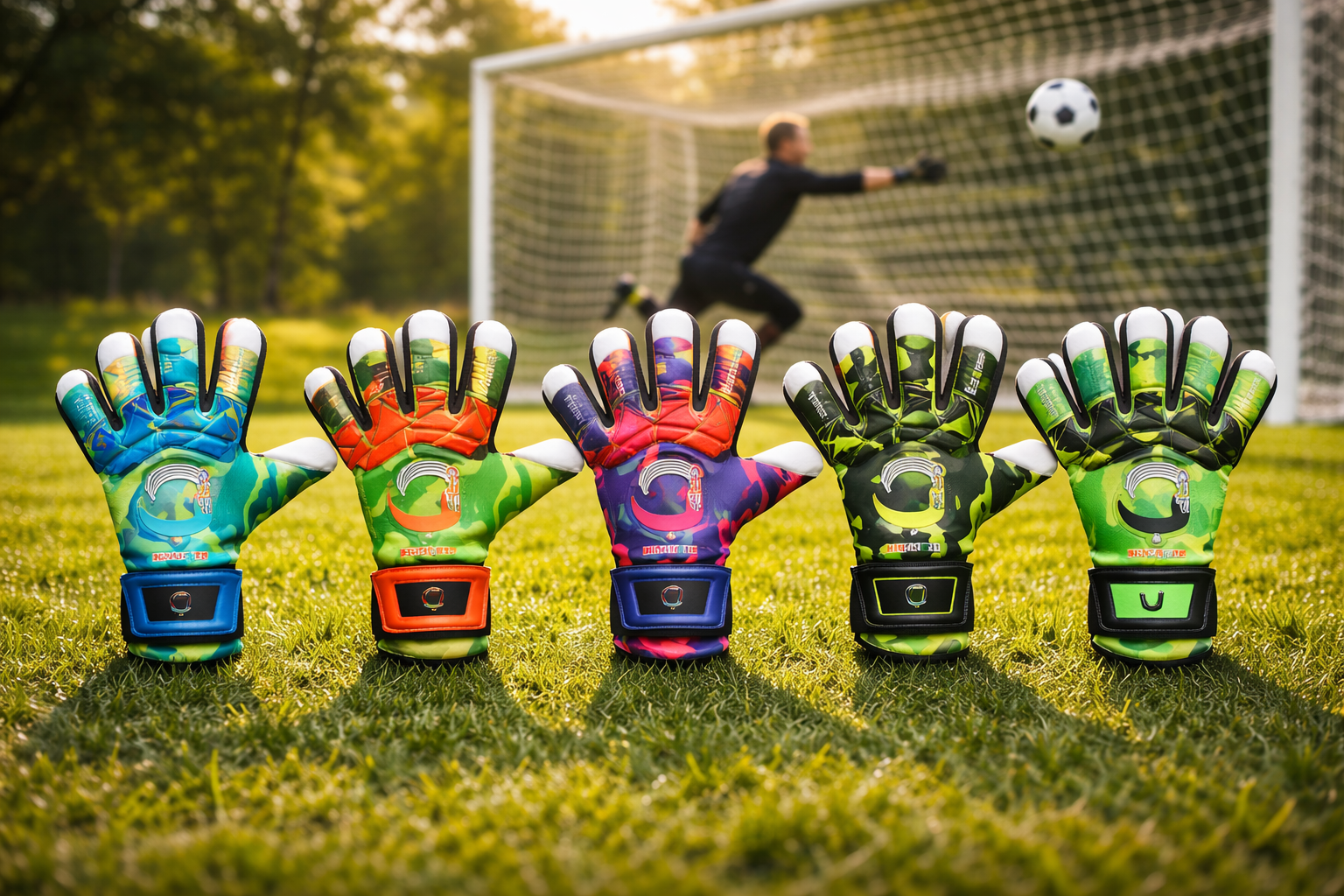 Six colorful goalkeeper gloves displayed on a soccer field with a goalkeeper making a save in the background, designed for strong grip and protection during football matches.