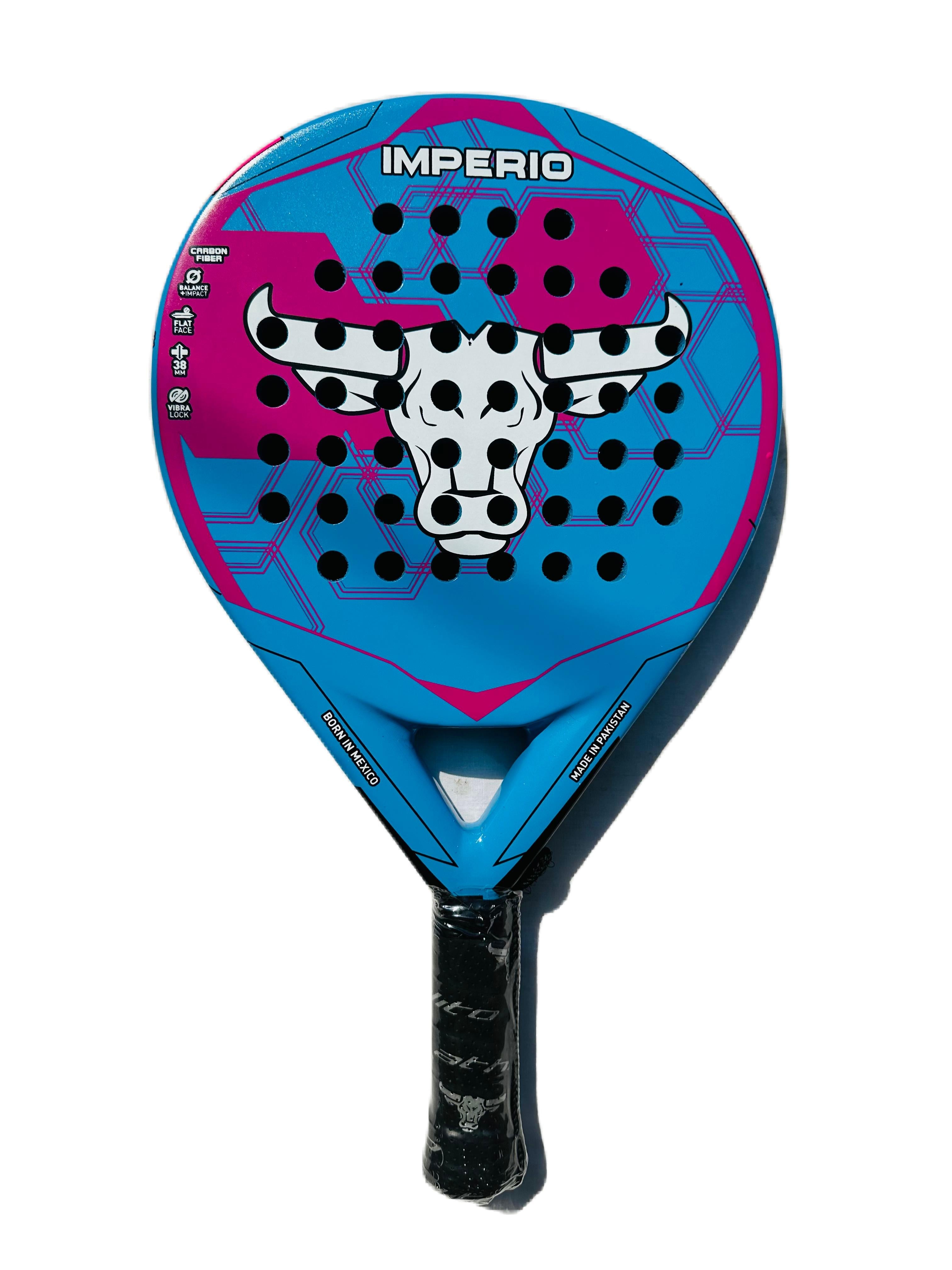 A blue and pink Imperio padel racket featuring a white bull graphic with black spots on the paddle face, set against a plain white background.