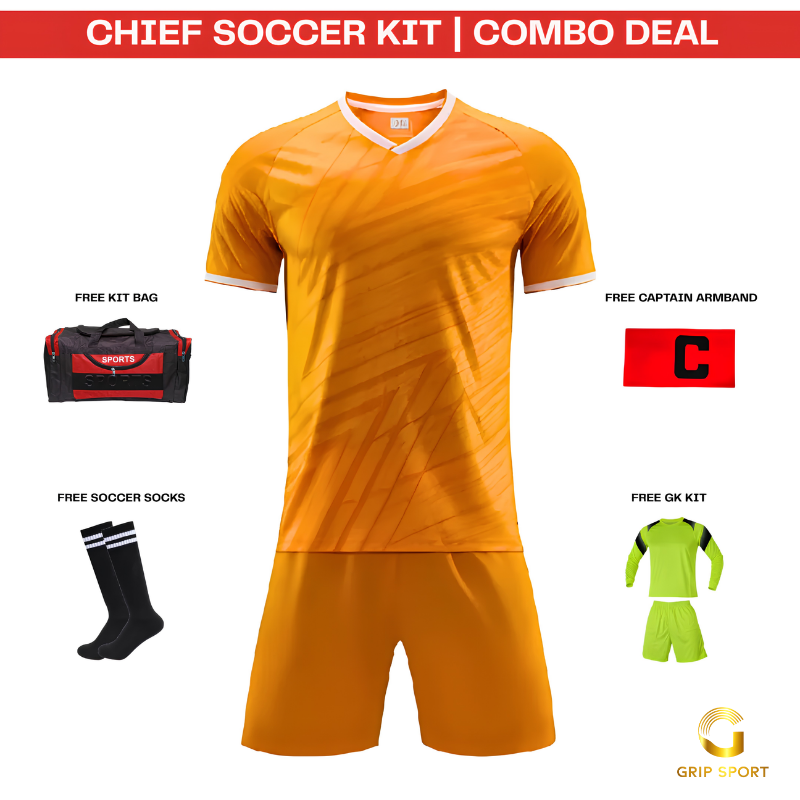 An orange short-sleeve soccer jersey and matching shorts set displayed on a white background, with promotional text and images for included accessories: a free kit bag, free captain armband, free soccer socks, and a free GK kit. A red banner at the top reads 'CHIEF SOCCER KIT | COMBO DEAL' and a 'GRIP SPORT' logo appears at the bottom right.