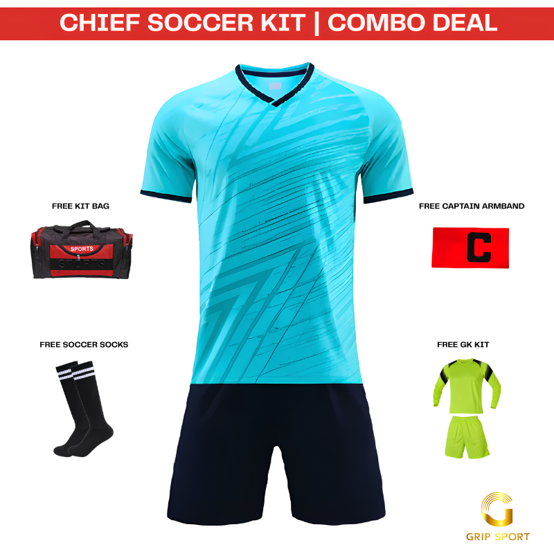 A soccer kit combo deal featuring a light blue and navy short-sleeve jersey, navy shorts, a black and red duffel bag, black socks, a red captain armband, and a neon yellow-green GK kit, all displayed on a white background with a red header banner.