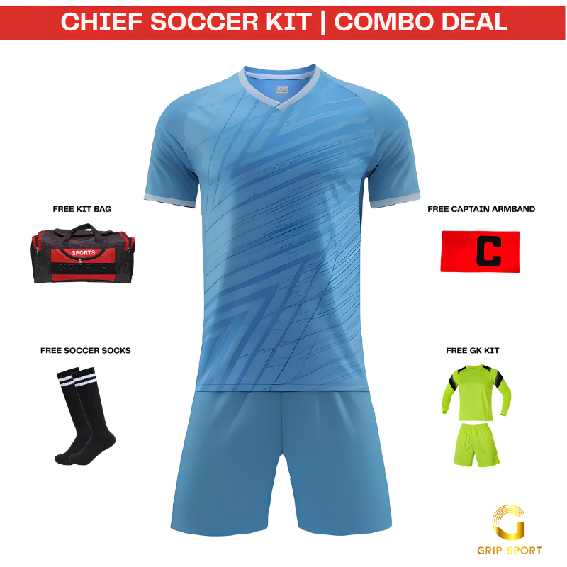 A soccer kit combo deal featuring a light blue short-sleeve jersey and matching shorts, shown with free accessories including a black and red duffel bag, black socks with white stripes, a red armband, and a neon yellow-green GK kit. The image has a red header that reads 'CHIEF SOCCER KIT | COMBO DEAL' and a Grip Sport logo at the bottom right.