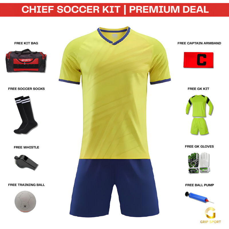 A promotional layout for a Chief Soccer Kit premium deal showing a yellow and navy soccer jersey and shorts set, with included accessories labeled around it: bag, socks, GK kit, gloves, whistle, training ball, and ball pump. The main product is the soccer uniform, and the background is white.