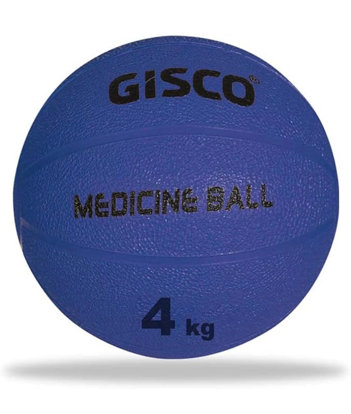 A blue GISCO medicine ball with black printed text, shown on a white background with a soft drop shadow.