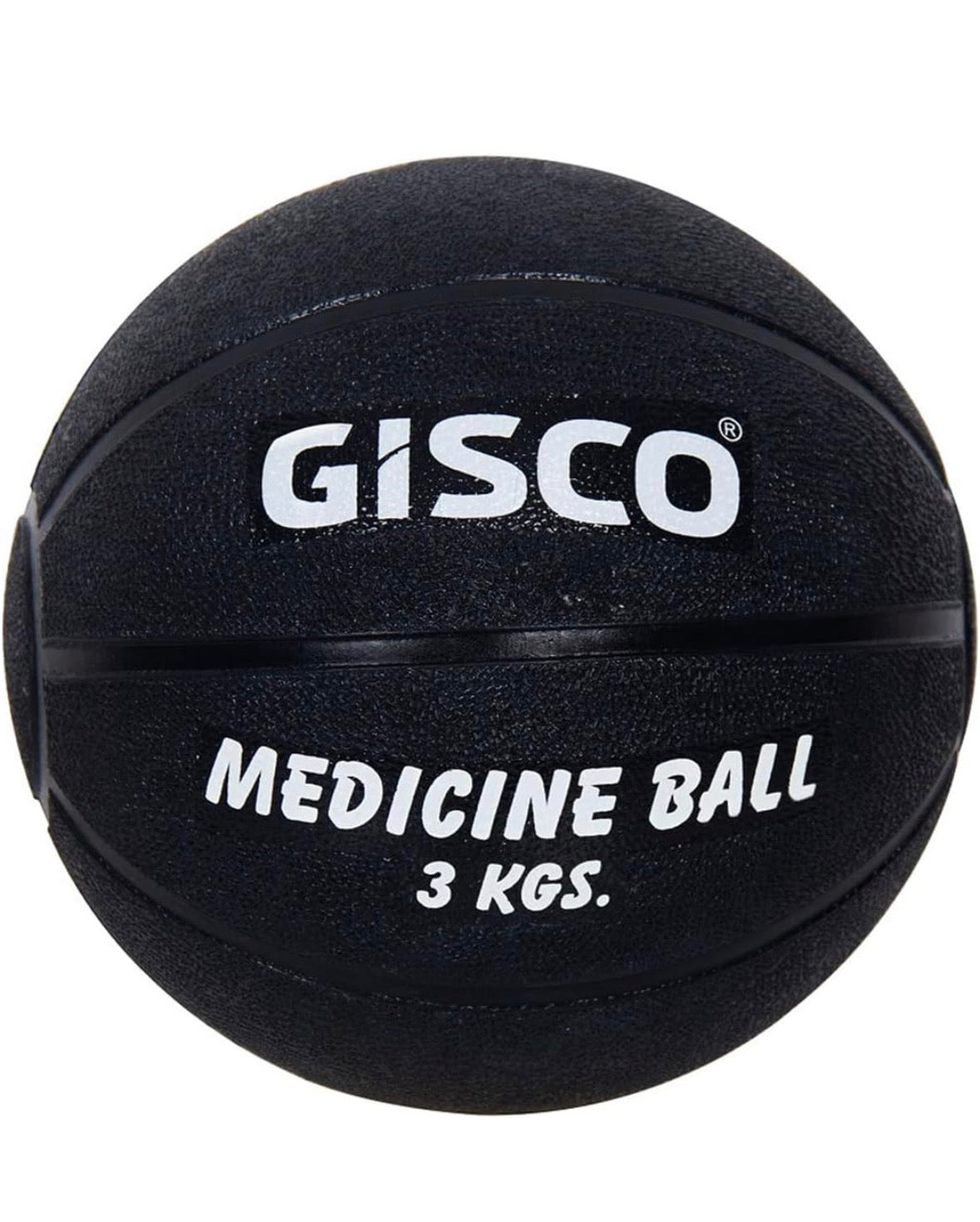 A black textured rubber medicine ball with white printed text reading 'GISCO', 'MEDICINE BALL', and '3 KGS.' on a plain white background.