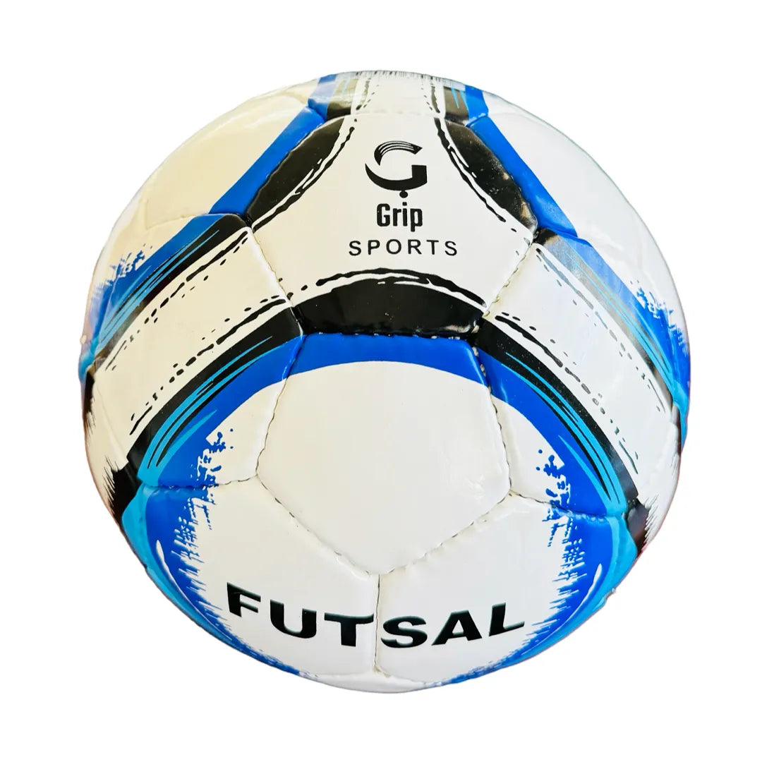 Futsal ball with blue and black patterns on a white background