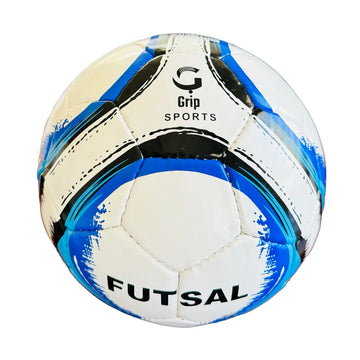 Futsal ball with blue and black patterns on a white background
