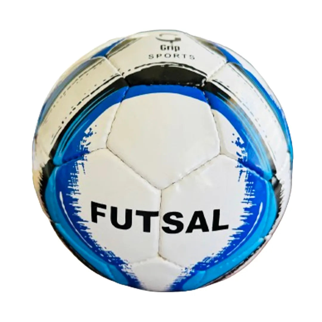 Futsal ball with blue and white design on a white background