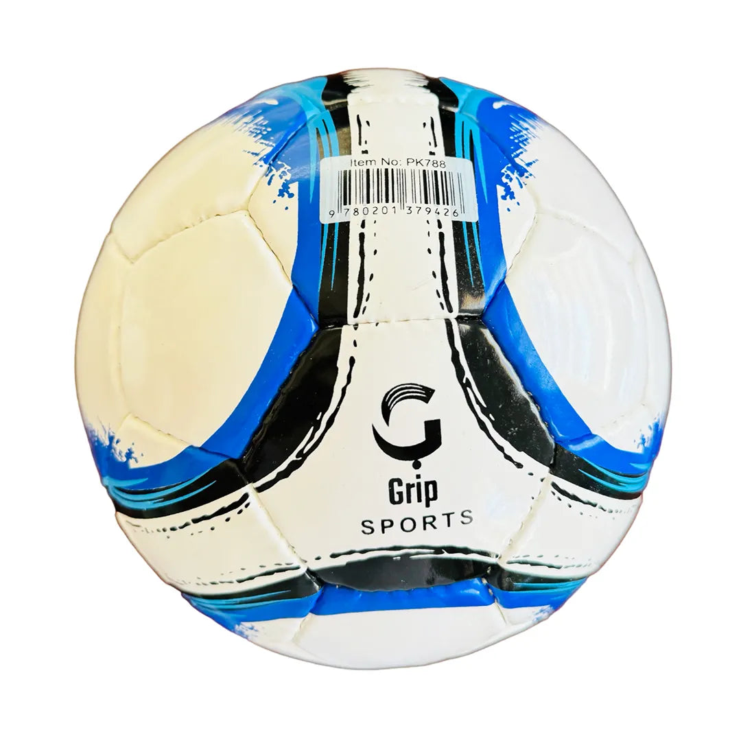 White soccer ball with blue and black patterns on a white background, featuring the 'Grip Sports' brand.