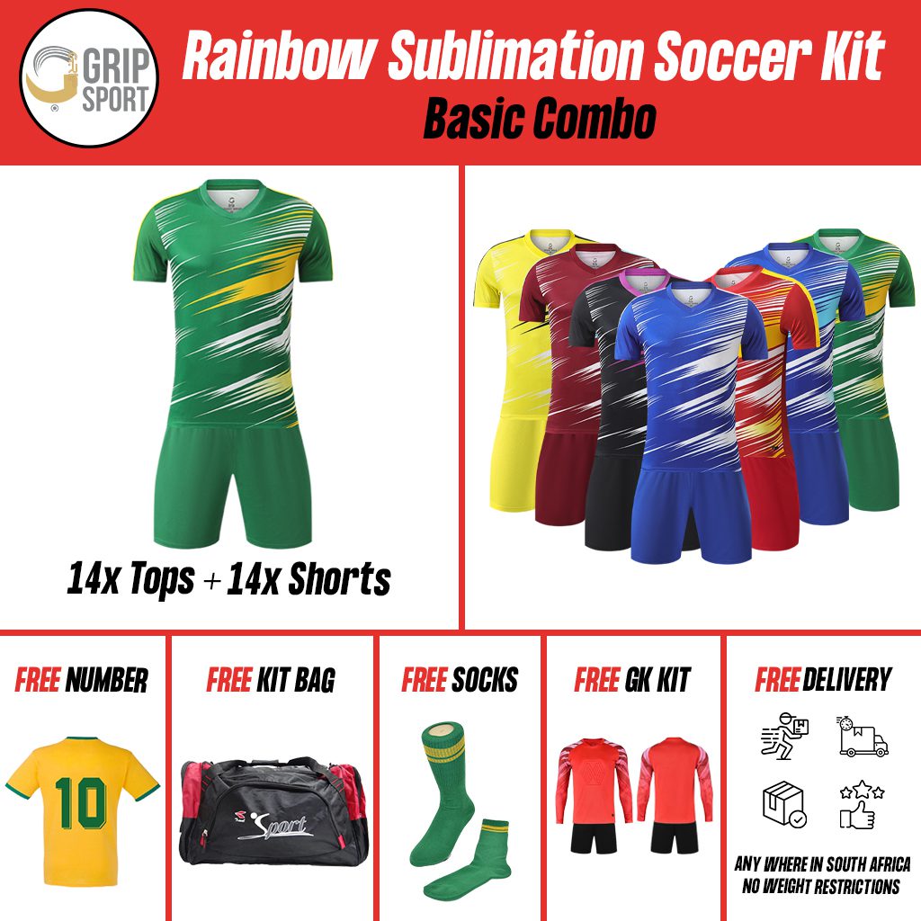 Grip Rainbow Sublimation Soccer Kit premium combo with colorful uniforms and football accessories set