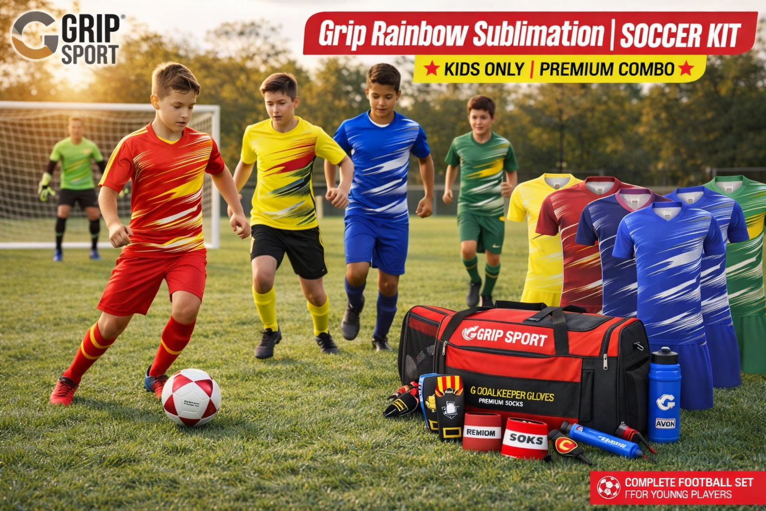 Grip Rainbow Sublimation Soccer Kit kids playing football wearing colorful team kits with full combo gear