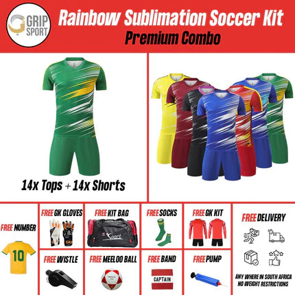 Grip Rainbow Sublimation Soccer Kit premium combo with colorful uniforms and football accessories set