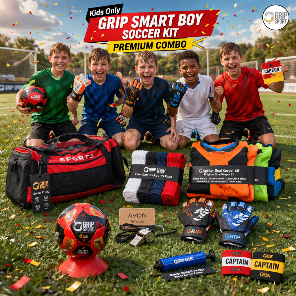 Grip Smart Boy Soccer Kit kids premium combo with players wearing kits and full football gear set