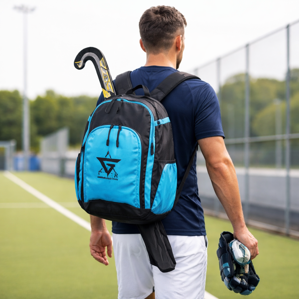 Grip Star Hockey Bag Pack Mano worn by player with stick holder walking to field