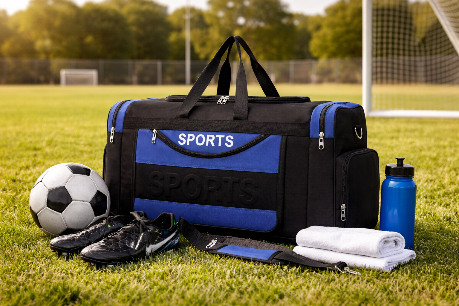 Grip soccer kit bag on field with football gear ball boots and water bottle training setup
