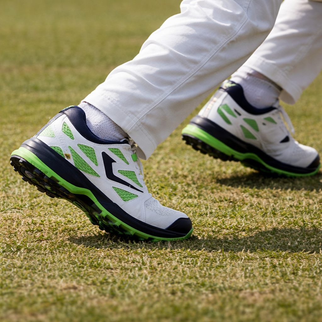 HS Cricket Shoes Sky Drive 110 Kids in action on cricket ground with lightweight design and stable grip for training and play