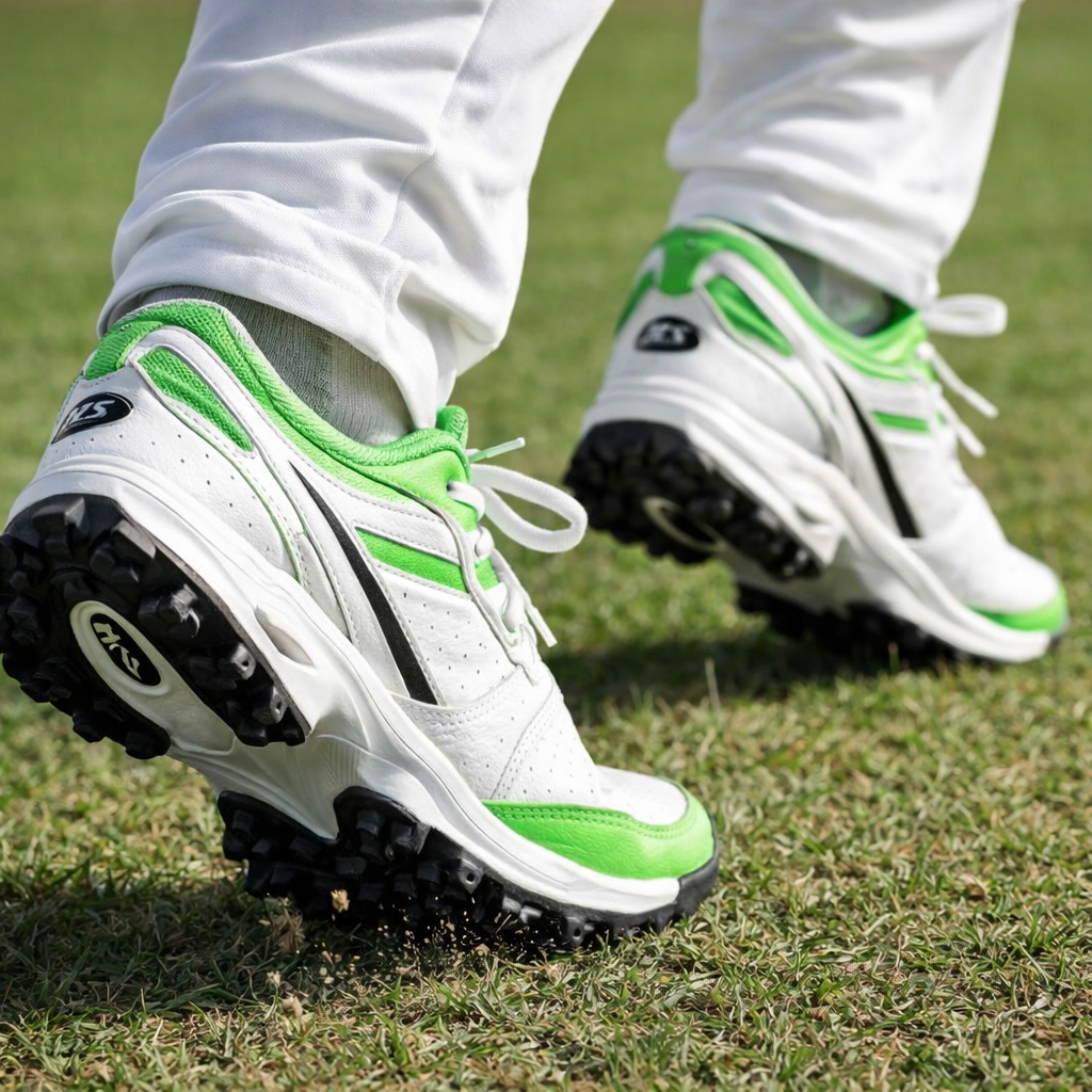HS Jazba OneDrive 100 cricket shoes in action on cricket ground with durable rubber grip and lightweight comfort for training and match play