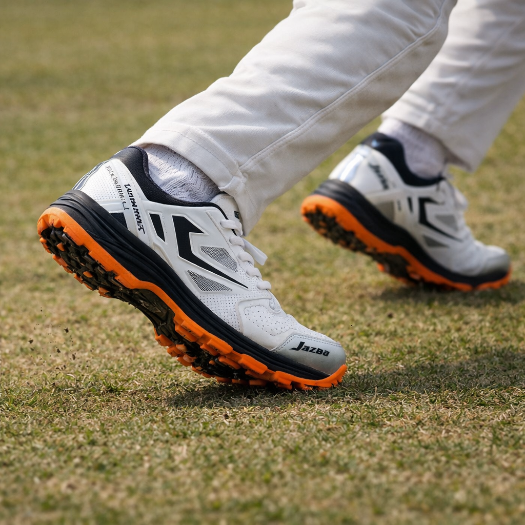 HS Jazba OneDrive 110 cricket shoes in action on ground with breathable comfort and durable rubber grip for training and play