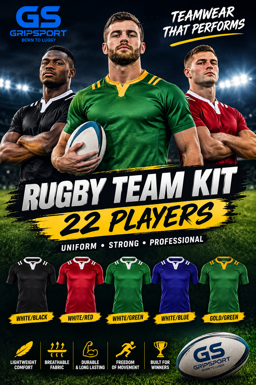 GS GripSport Rugby Team Kit – 22 Player Rugby Uniform Set | South Africa