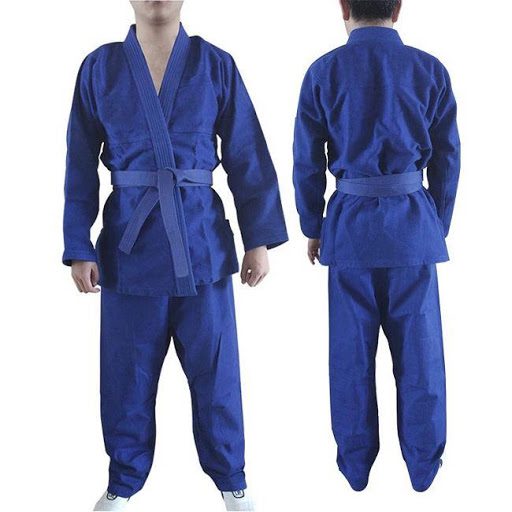 Blue Grip Jitsu suit with wrap-style jacket, belt, and matching pants, shown from front and back for martial arts training and competition use.