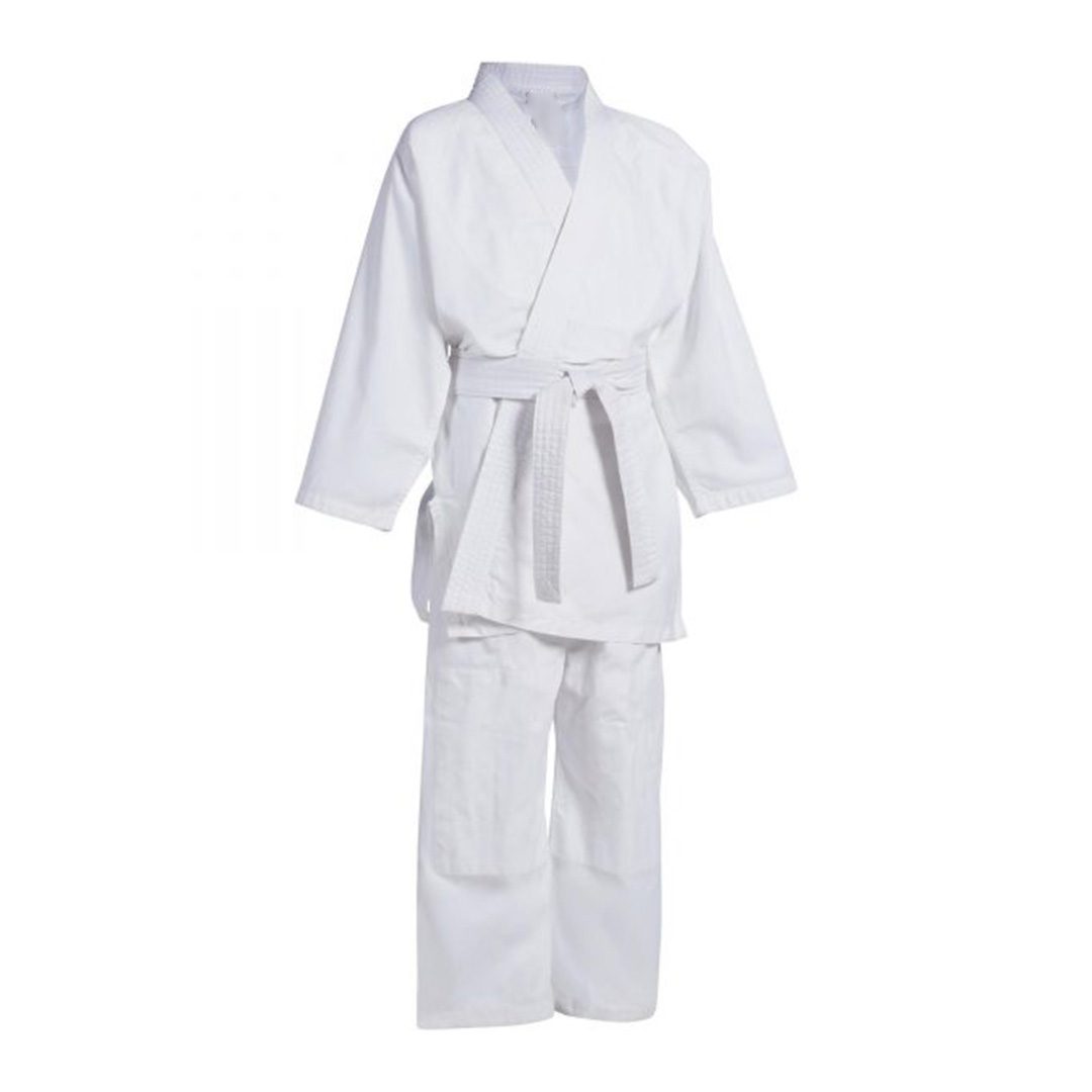 White Grip Jitsu suit featuring a wrap-style jacket with belt and matching pants, designed for martial arts training and competition.