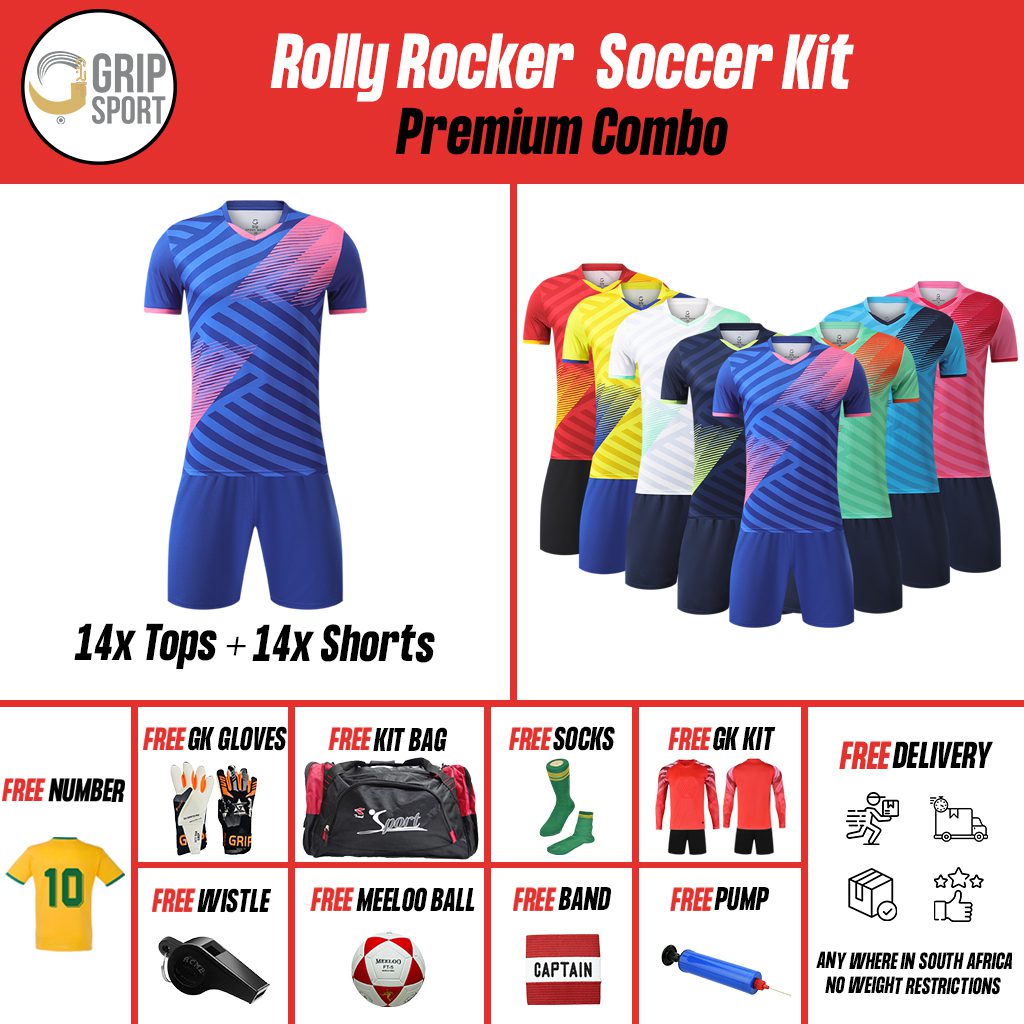 Rolly Rocker Soccer Kit Premium Combo” by Grip Sport. It shows multiple colorful soccer jerseys and shorts. The offer includes 14 tops and 14 shorts, plus free items: jersey number print, GK gloves, kit bag, socks, GK kit, delivery, whistle, Molten ball, captain’s armband, and pump. Text notes delivery anywhere in South Africa with no weight restrictions.