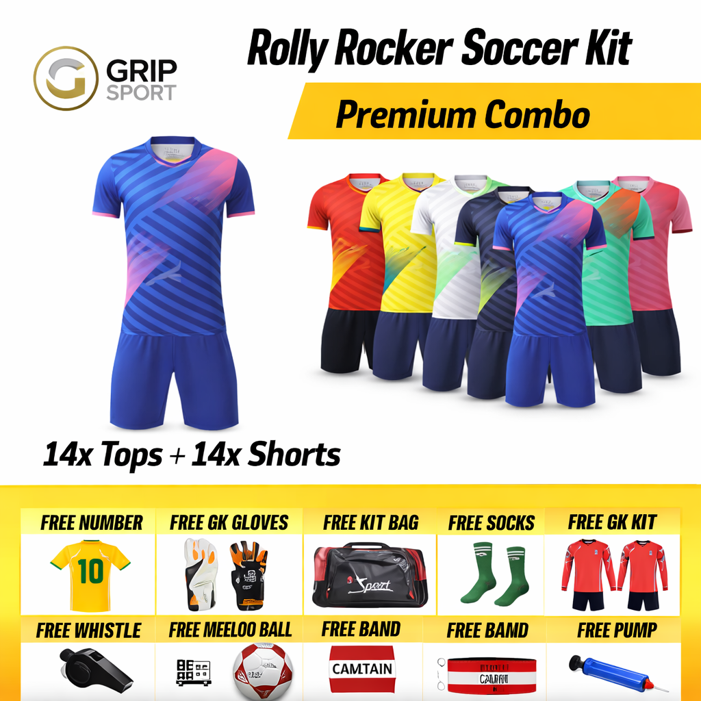 Grip Sport “Rolly Rocker Soccer Kit Premium Combo” featuring a full set of vibrant soccer jerseys and matching shorts in multiple color variations. Package includes 14 tops and 14 shorts, designed for team use. Bundle comes with free add-ons including jersey number print, goalkeeper gloves, kit bag, socks, goalkeeper kit, whistle, Molten ball, captain’s armband, and pump. Offer highlights nationwide delivery across South Africa with no weight limits.
