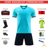 A promotional product graphic for a Chief Soccer Kit premium deal, showing a bright cyan and navy soccer jersey and shorts set as the main product, with listed included accessories around it: a kit bag, soccer socks, whistle, training ball, captain armband, GK kit, and GK gloves. The background is white with a red header.