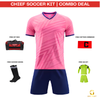 A soccer kit combo deal featuring a pink and navy blue short-sleeve jersey and shorts set, with free accessories including a black and red duffel bag, a black armband with a red 'C', black soccer socks, and a neon green GK kit. The image is labeled 'CHIEF SOCCER KIT | COMBO DEAL' and has a 'GRIP SPORT' logo.