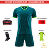 Chief soccer kit combo deal featuring a dark teal short-sleeve jersey with neon green trim, matching shorts, a black and red kit bag, black soccer socks, a captain armband, and a neon green GK kit, all displayed on a white background with 'CHIEF SOCCER KIT | COMBO DEAL' at the top.