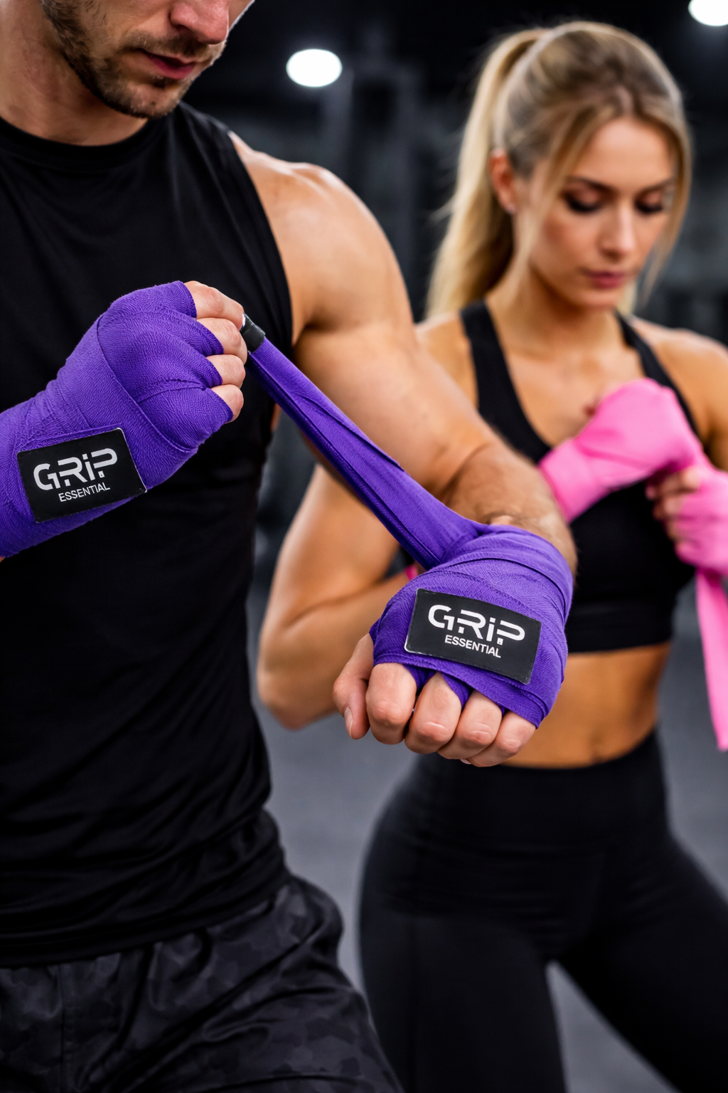 Two athletes in a gym wrapping their hands with purple and pink GRIP Essential hand wraps, preparing for training with focused expressions.