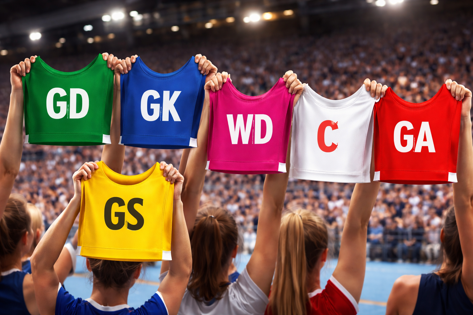 Players in a sports arena holding colorful netball position bibs above their heads, labeled GD, GK, WD, WA, GA, and GS, with a blurred crowd in the background.