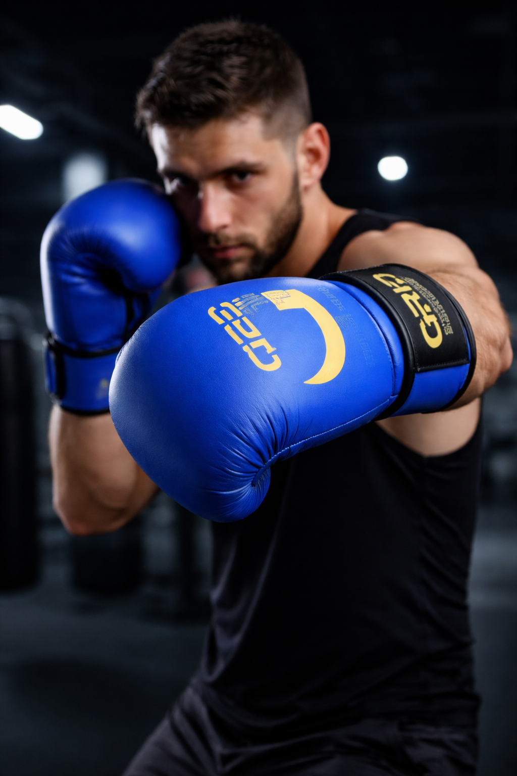 Athletic male boxer training in a gym, wearing red GRIP boxing gloves, throwing a punch toward the camera with focused expression and blurred background.