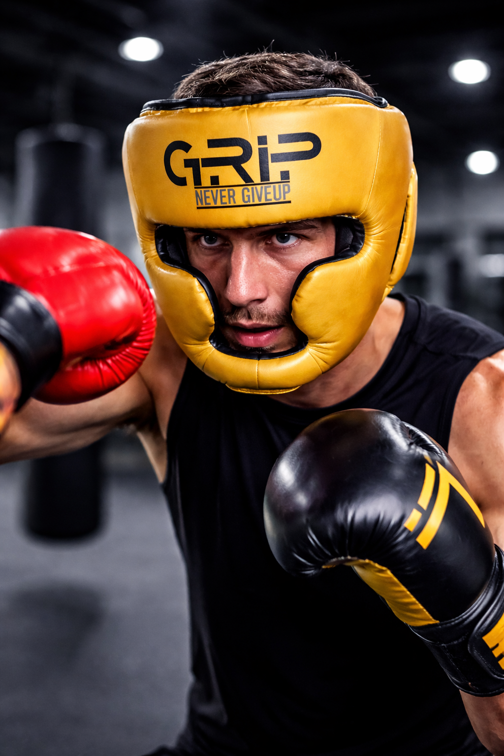 Boxer training in a gym wearing gold GRIP headgear and black gloves, facing a punch with focused expression and intense sparring action.