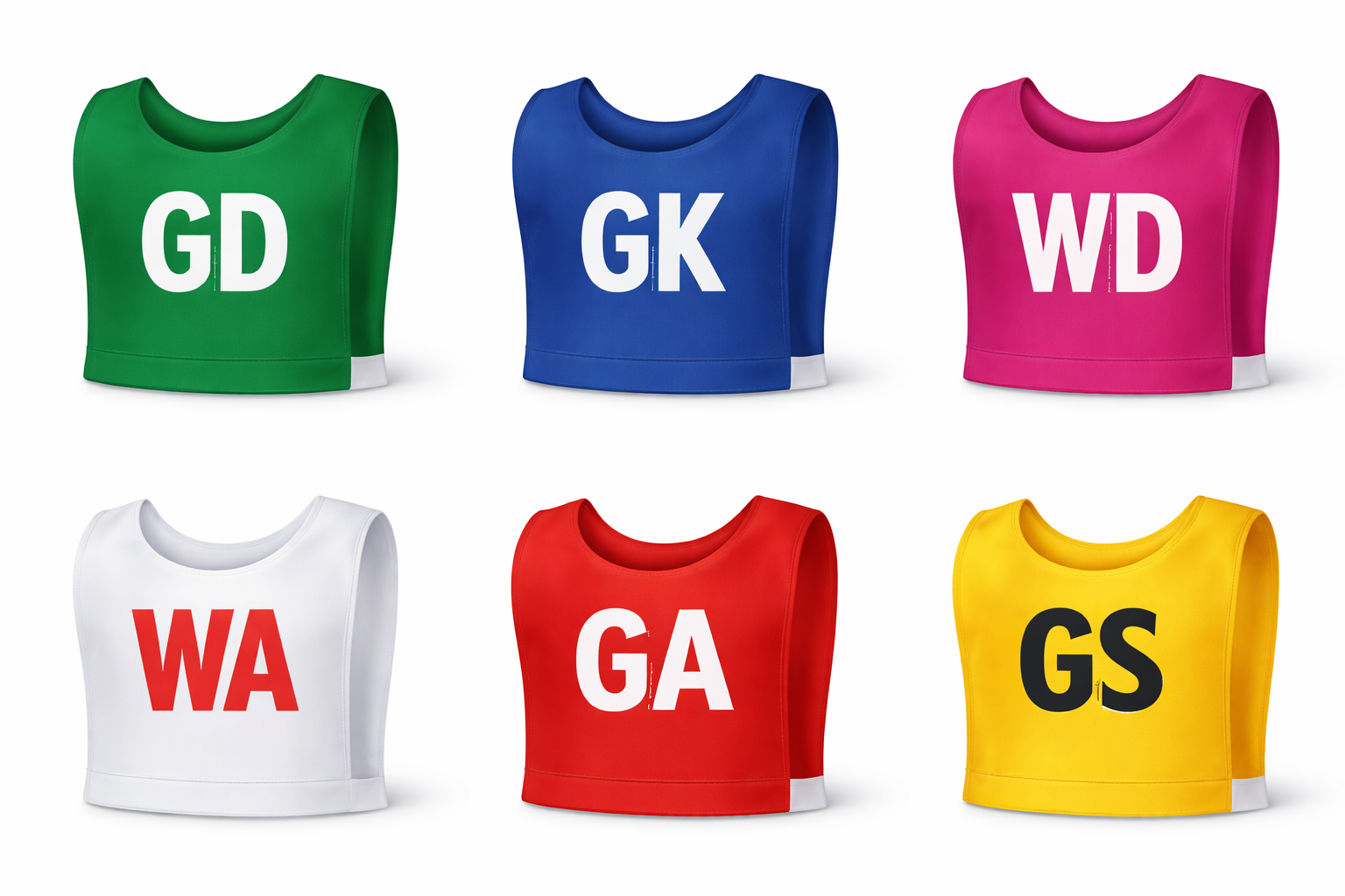 Six netball bibs displayed on a plain background, each in a different solid colour with position letters: green GD, blue GK, pink WD, white WA, red GA, and yellow GS. 🏐