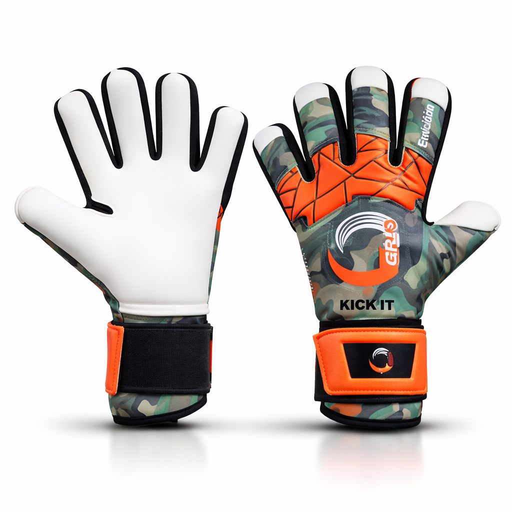 Grip Evolution goalkeeper gloves with vibrant camo grey orange green design and latex palm grip