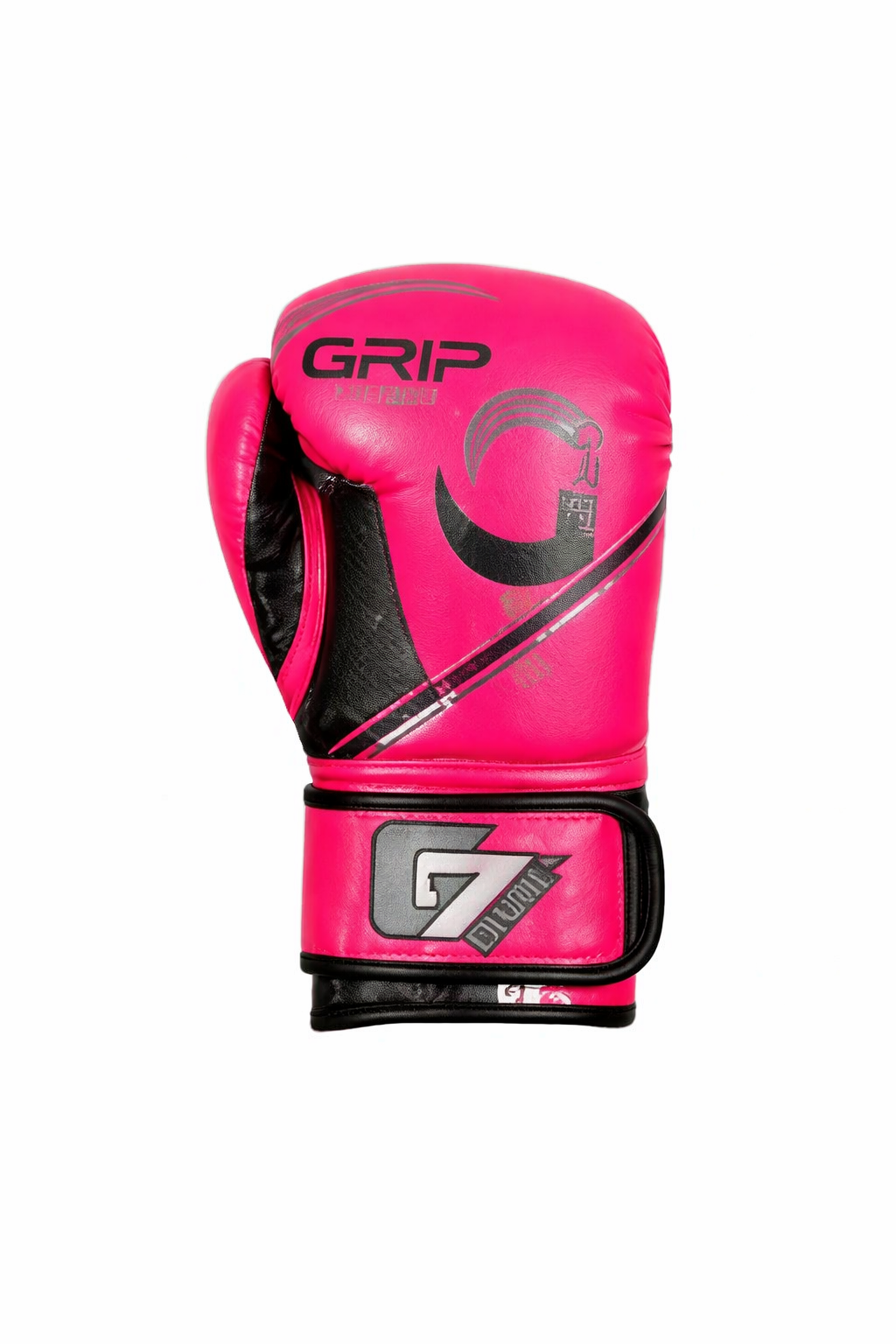 Bright pink GRIP Fighting Gear boxing glove with black and silver accents, shown on a clean white background.