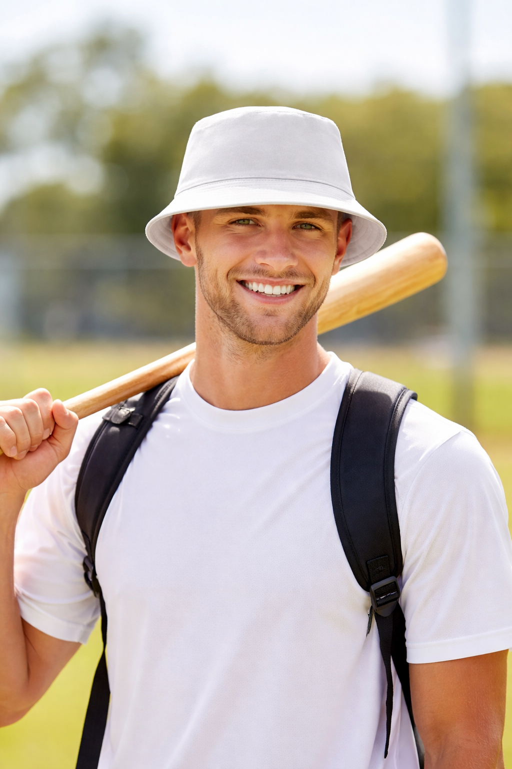 Plain bucket hat white worn by player on field casual outdoor style