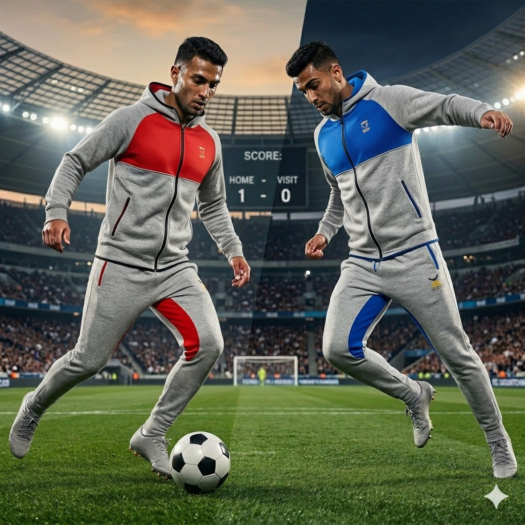 two soccer players in grey tracksuits dribbling a football in a stadium scene